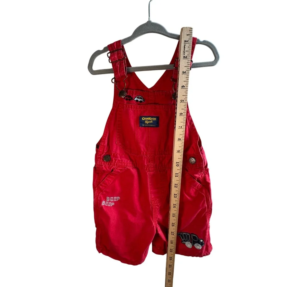 Vtg OshKosh Bgosh Vestbak Shortalls Red Cars Dump Truck Embroidered 18M Toddler
